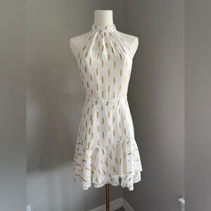 Yumi Kim White & Gold Foil Halter Mini Dress Tiered M